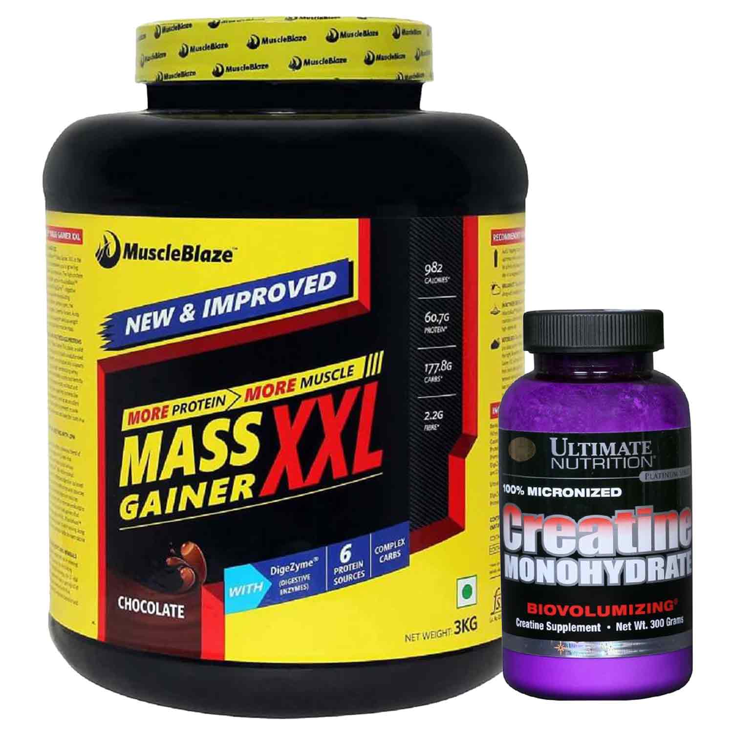 MuscleBlaze Mass Gainer XXL, Chocolate 6.6 lb with Ultimate Nutrition Creatine Monohydrate