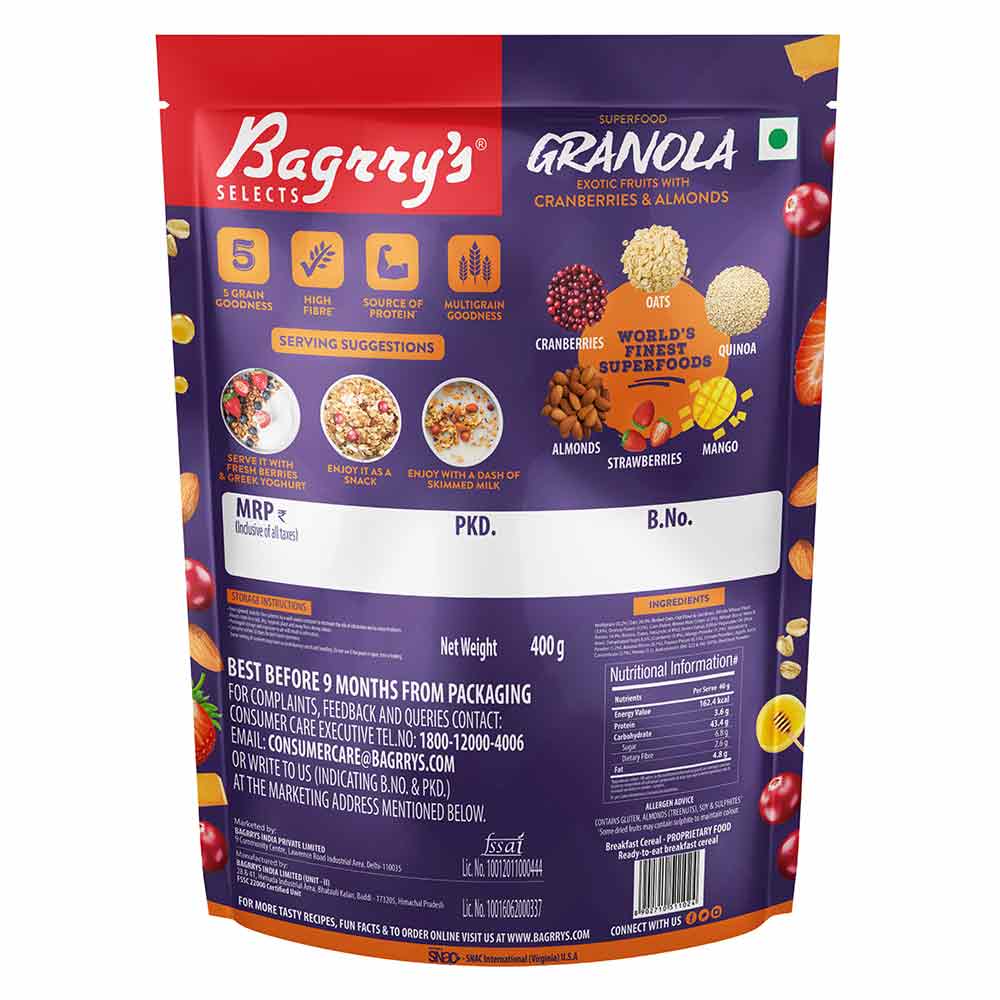 3 - Bagrrys Granola,  Exotic Fruits with Cranberries & Almonds  400 g 