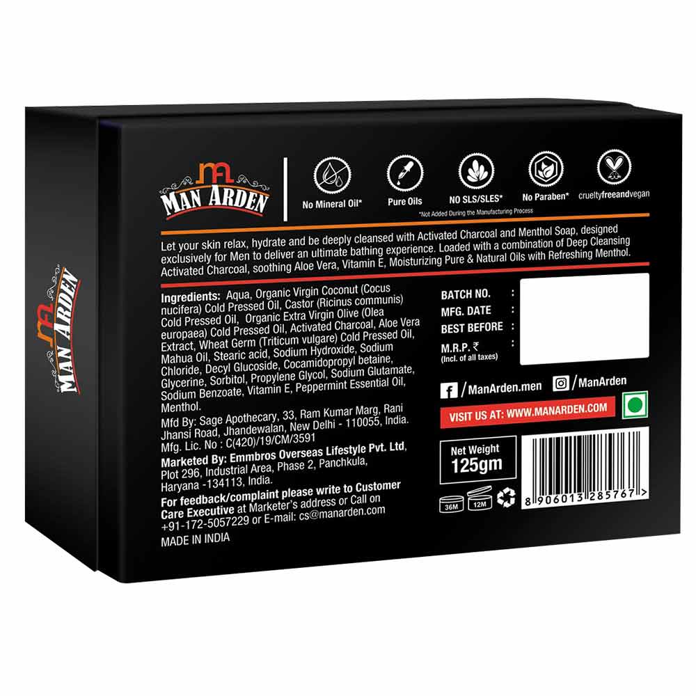 10 - Man Arden Activated Charcoal with Menthol Handmade Soap,  125 g  Deep Clean & Smooth Skin 