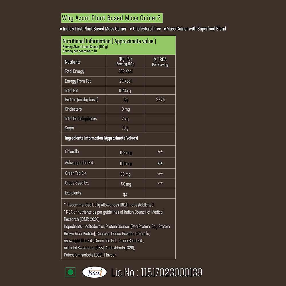 6 - Azani Active Nutrition Plant Based Mass Gainer,  2.2 lb  Triple Chocolate 