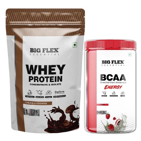 Big Flex Essential Whey Protein Concentrate & Isolate, 2.2 lb Cream & Cookies with Bigflex Essential Bcaa Energy Lychee 500g