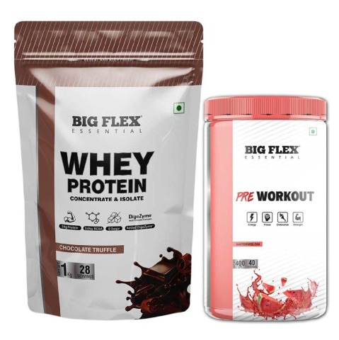 Big Flex Essential Whey Protein Concentrate & Isolate, 2.2 lb Chocolate Truffle with Bigflex Essential Pre-Workout Watermelon 400g