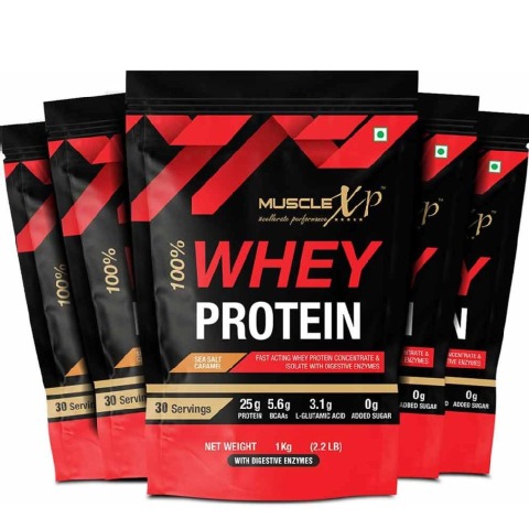 1 - MuscleXP 100% Whey Protein with Digestive Enzyme,  2.2 lb  Sea Salt Caramel (Pack of 5) 