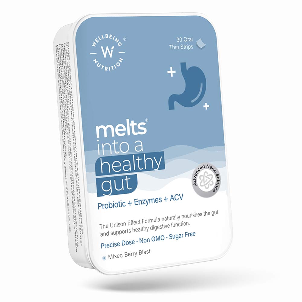 1 - Wellbeing Nutrition Melts Healthy Gut Probiotic+Enzymes+ACV,  30 Strip(s)  Mixed Berry Blast 