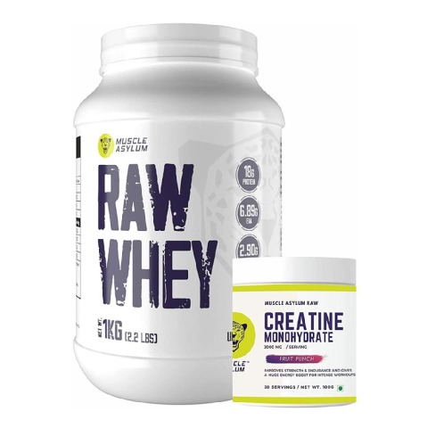 1 - Muscle Asylum Raw Whey & Creatine Monohydrate Combo,  2 Piece(s)/Pack  Unflavoured & Fruit Punch 