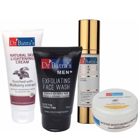 Dr Batra's Age Defying Skin Firming Serum, Men+ Exfoliating Face Wash, Natural Skin Lightening Cream & Intense Moisturizing Cream Combo, 4 Piece(s)/Pack Healthy Skin