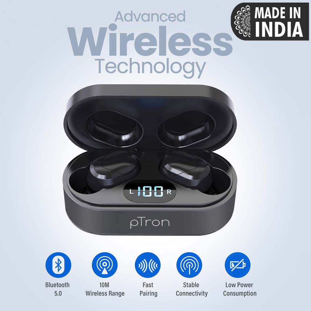 2 - Ptron Bassbuds Plus Wireless Earbuds,  Black 