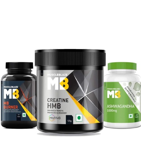 MuscleBlaze MB Fat Burner 60 tablets & Creatine HMB 120g & Ashwagandha 1000mg 60 tablets Combo