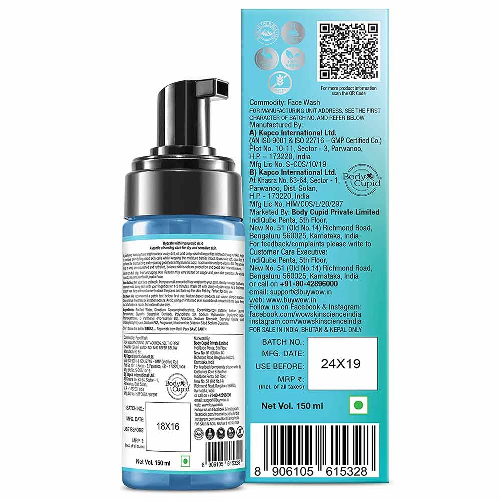 4 - WOW Skin Science Hyaluronic Acid Foaming Face Wash,  150 ml  for Dry, Dehydrated & Aging Skin 