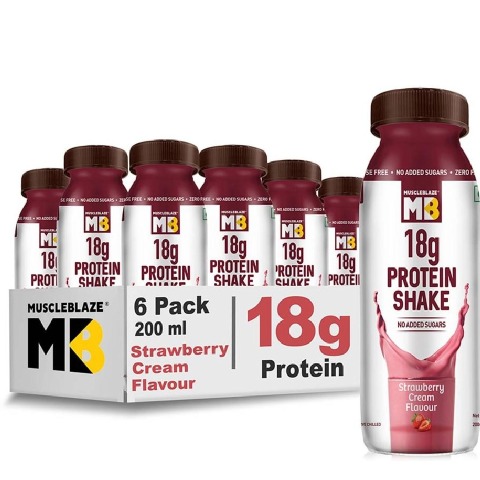 1 - MuscleBlaze 18g Protein Shake (No Added Sugar) OP,  6 Piece(s)/Pack  Strawberry Cream 