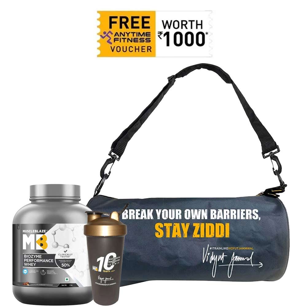 MuscleBlaze Biozyme Performance Whey 2 kg & Gym Bag & Shaker Combo