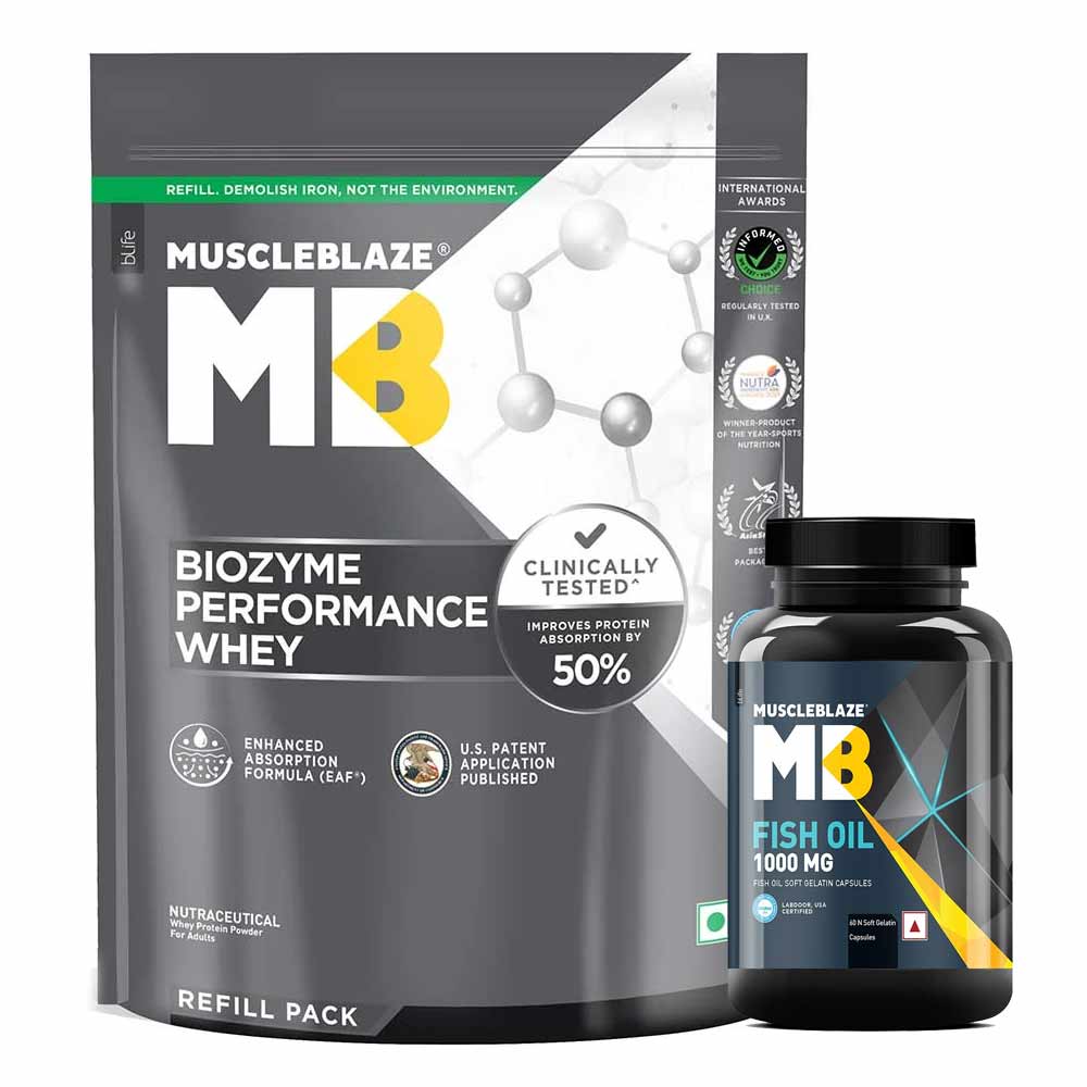 MuscleBlaze Biozyme Performance Whey 1 kg Refill Pack & Fish Oil 60 Caps Combo