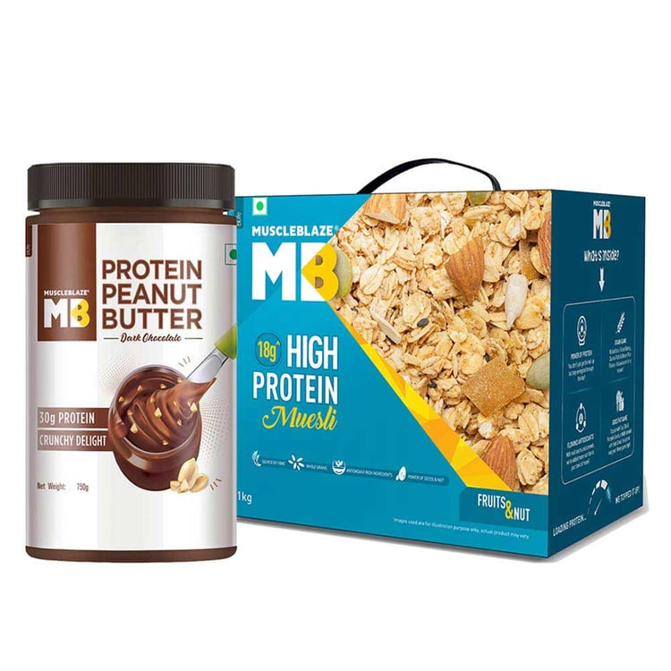 MuscleBlaze High Protein Peanut Butter 750g Crunchy & Muesli 1 kg Fruits & Nut Combo