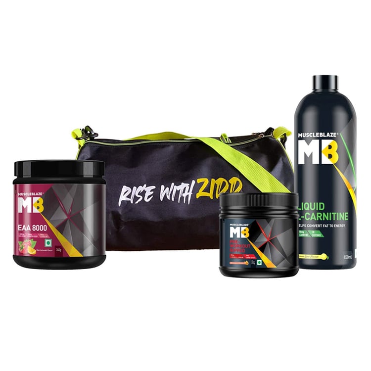 MuscleBlaze Pre Workout Ripped, Liquid L-Carnitine, EAA 8000 & Gym Bag Combo