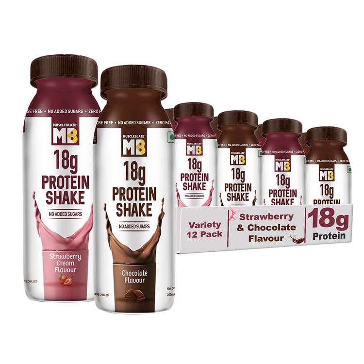 1 - MuscleBlaze 18g Protein Shake (No Added Sugar),  12 Piece(s)/Pack  Chocolate & Strawberry Cream 