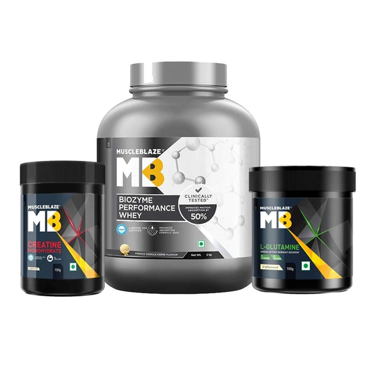 MuscleBlaze Biozyme Performance Whey 2 kg & Creatine Monohydrate & L-Glutamine Combo