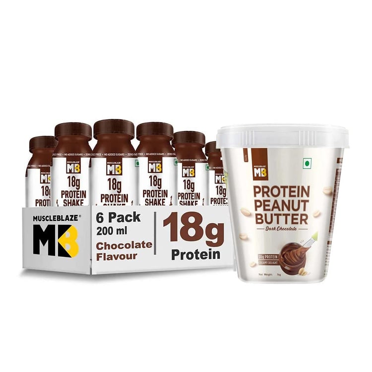MuscleBlaze High Protein Peanut Butter 1 kg & 18g Protein Shake 6 Piece/Pack Combo