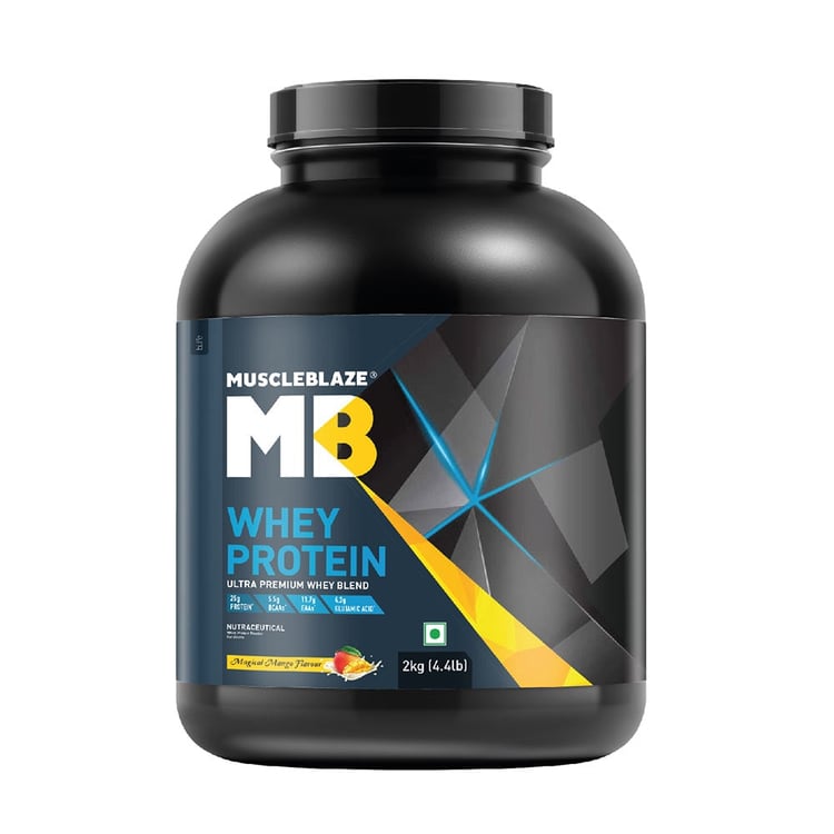 1 - MuscleBlaze 100% Whey Protein Supplement Powder with Digestive Enzyme, 4.4 lb Magical Mango